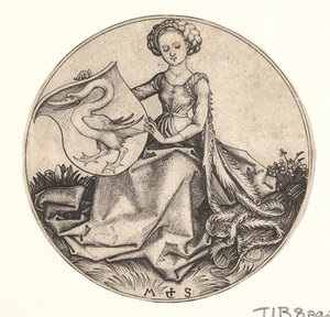 女性が持つ白鳥の盾 1435年頃～1491年頃 作： Martin Schongauer