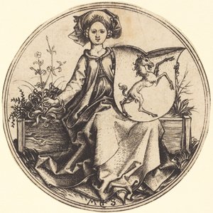 女性が持つユニコーンの盾 作： Martin Schongauer