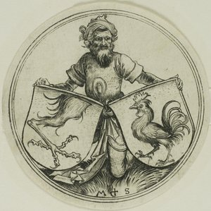 グリフィンの足を持つ盾とムーア人が持つコックを持つ盾 作： Martin Schongauer