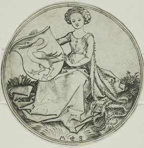 坐る婦人が持つ白鳥の盾 作： Martin Schongauer