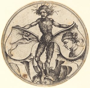 ワイルドマンが持つウサギとムーア人の頭の盾 作： Martin Schongauer
