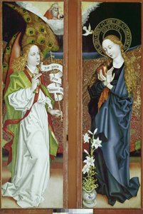 オルリエの「受胎告知祭壇画」。マルティン・ショーンガウアー（1453-1491）による絵画、木に油彩。コルマール、ウンターリンデン美術館 作： Martin Schongauer