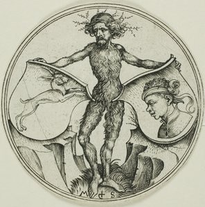 野生の男が持つ、ウサギとムーア人の頭を持つ2枚の盾 作： Martin Schongauer