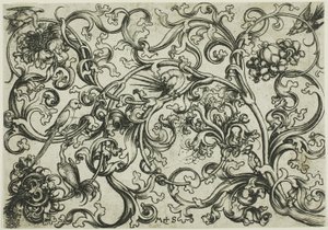 オウムと鳥のつるのオーナメント 作： Martin Schongauer