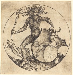 グレイハウンドと盾を持つ野生の男 作： Martin Schongauer