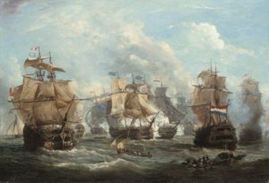 キャンパーダウンの戦いでオランダの旗艦 Vrijheid と交戦するイギリスの旗艦 Venerable 作： Martin Schouman