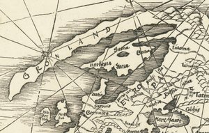 1513年、グリーンランドとスカンジナビアを結ぶ北海の地図 作： マーティン・ヴァルトゼーミュラー