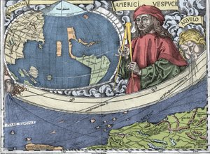 VESPUCCI, Amerigo (1454-1512)。イタリアの探検家、「ワルトゼミュラー地図またはUniversalis Cosmographia - (万国宇宙図) - Waldseemuller Planisphere」での地図製作 - 1507年 - 。