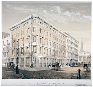 J&R モーリー夫人の倉庫、ミルク ストリートとグレシャム ストリートの角、ロンドン、c1840 作： Martin and Hood