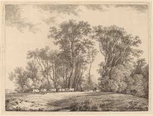 森の端に牛がいる牧草地 作： Martin von Molitor