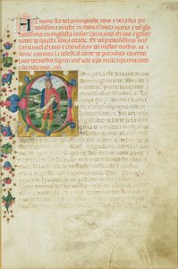 風景の中の預言者ダニエルを描いた歴史的イニシャルC、1471年 作： Martino di Giorgio da Modena