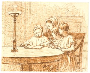 母親が 3 人の子供に本を見せる 作： Martinus Rørbye