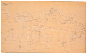 川に架かる橋とスビアコの町を背景にしたイタリアの風景 作： マルティヌス・ロビエ
