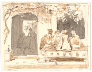 トルコのコーヒー ハウスと理髪店の外でチェスを楽しむ東洋人 作： Martinus Rørbye