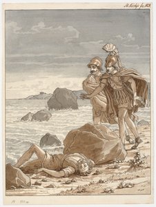 2 人の戦士が浜辺に打ち上げられた男を発見 作： Martinus Rørbye