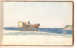 水辺の砂丘に立つ馬車。 2人が馬車に乗り込む 作： Martinus Rørbye