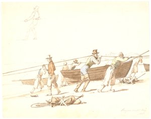 Sønderstranden で漁師が網を引きます 作： Martinus Rørbye