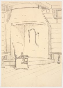 暖炉と背もたれ付きの丸い木製の椅子 作： Martinus Rørbye