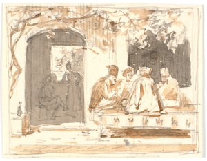 トルコのコーヒー ハウスと理髪店の外でチェスを楽しむ東洋人 作： Martinus Rørbye