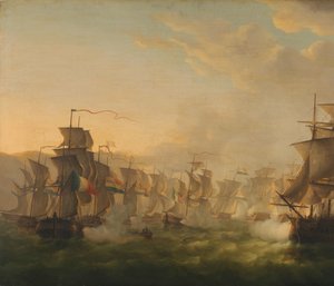オランダ艦隊のブローニュへの通過中のオランダ艦隊とイギリス艦隊の衝突 (1804) 作： Martinus Schouman (signed by artist)