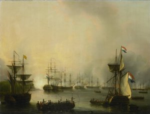 1821 年 6 月 24 日、スマトラ島パレンバンの砲撃 作： Martinus Schouman