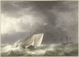 途切れ途切れの海に浮かぶ 2 隻の帆船 作： Martinus Schouman