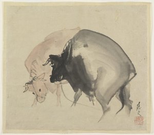 2匹の雄牛、1810年頃（紙のインクと色） 作： Maruyama Oju