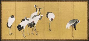 鶴、安永時代、1772年（インク、カラー、金箔、パネル） 作： Maruyama Okyo
