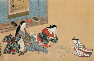 女性のトランプ、丸山応挙（1733-1765）作、浮世絵風シルク画、日本 作： Maruyama Okyo