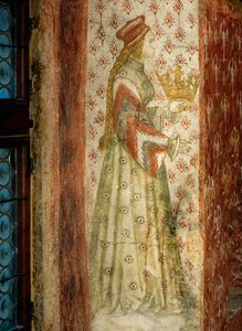 チロル伯爵夫人マルガレーテ・モルタシュ、南チロル州ランケルシュタイン城の浴室の窓の袂の壁画（壁画）