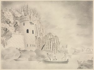 ロンリー・タワー（柳とボートのある川の城） 作： Mary Altha Nims