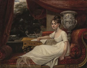 長椅子に座るフランクリン夫人エレノア・アン・ポーデン（1795-1825）の肖像（油彩・カンヴァス） 作： Mary Ann Flaxman