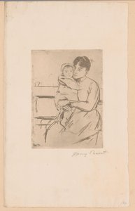 土手に お母さんと子供 ベンチで (オブジェクトのタイトル) 作： Mary Cassatt (signed by artist)