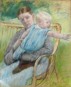 右に手を伸ばす赤ん坊を抱くマチルド、1889年 作： Mary Cassatt
