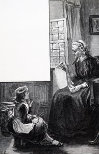 編み物をする子どもを見守るおばあさん 作： Mary Ellen Edwards