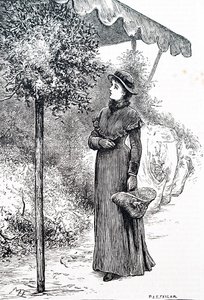 クリスマスの飾り付けに使うヒイラギを買う女性。イギリスの画家、メアリー・エレン・エドワーズ（1838-1934）作
