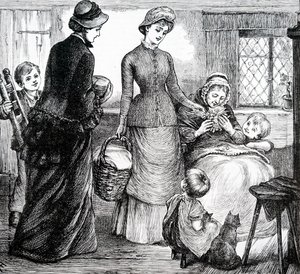 貧しい家人に贈り物をする女性。イギリスの画家、メアリー・エレン・エドワーズ（1838-1934）作 作： Mary Ellen Edwards