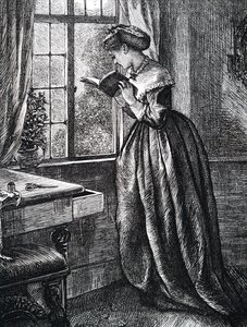 開いた窓のそばで読書をする若い女性。 作： Mary Ellen Edwards