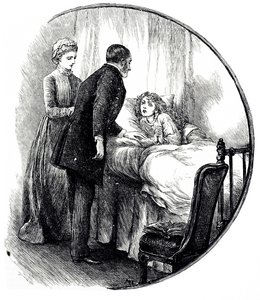幼い患者の家を訪れる医師を描いた版画。メアリー・エレン・エドワーズ（1838-1934）は、イギリスの画家であり、多くの児童書の挿絵を描いています。