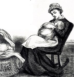 赤ちゃんを揺らす母親の姿を描いたエングレーヴィングです。挿絵のメアリー・エレン・エドワーズ（1838-1934）は、イギリスの芸術家であり、多くの子供の本の挿絵を描いた人物です。 作： Mary Ellen Edwards