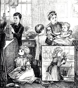 ヴィクトリア朝の裕福な家庭の日常風景を描いたエングレーヴィング。メイン画像では、子供たちが保母に見守られながら、積み木で遊んでいます。挿入図では、小さな女の子が窓辺に鉢植えを置いている。I 作： Mary Ellen Edwards