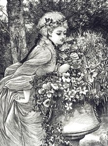 庭の壷に活けられた花の香りを嗅ぐ少女を描いた版画です。絵を描いたのは、イギリスの画家であり、児童書の挿絵画家でもあるメアリー・エレン・エドワーズ（1838-1934）。 作： Mary Ellen Edwards