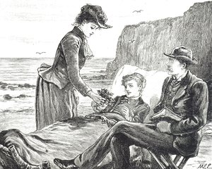 海辺の不自由な少年を描いたエングレーヴィング 作： Mary Ellen Edwards