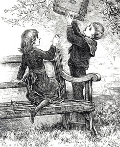 ペットのスズメをかごに入れている子供たちを描いたエングレービング 作： Mary Ellen Edwards