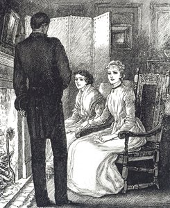 暖炉のそばで暖をとる二人の女性を描いた版画