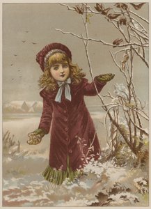 雪の中で鳥を養うためにパンを取っている女の子（クロモリト） 作： Mary Ellen Edwards