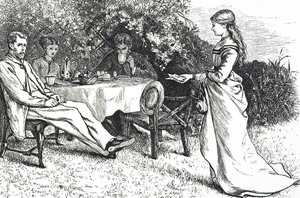 庭で朝食をとる家族を描いたイラスト 作： Mary Ellen Edwards