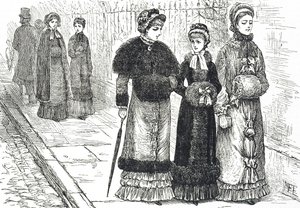 寒い時期に手を温めるためにマフを持った若い女性を描いたイラスト 作： Mary Ellen Edwards