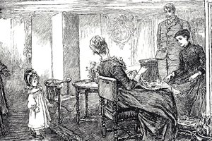 おじさんとおばさんに午後の面倒を見てもらっている少女のイラスト 作： Mary Ellen Edwards