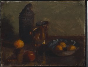 果物のある静物、1900年頃（キャンバスに油彩、ハードボードに取り付け） 作： Mary Hiester Reid